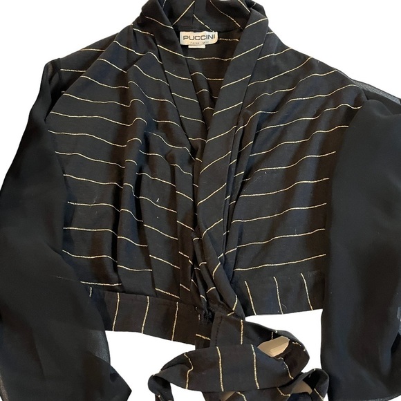 Vtg 1960’s “Puccini” Italian Mode Sz M Black Gold Stripe Tie Front Sheer Sleeves - Picture 1 of 8